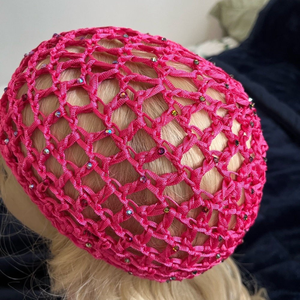Pink snood skull cap with vitrail rhinestones